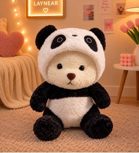 Kapşonlu Puffy Panda Peluş Ayıcık – Sevimli Panda Peluş Oyuncak