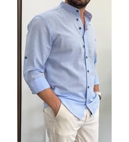 Erkek Slim Fit Düğme Detaylı Keten Görünümlü Pamuklu Gömlek Açık Mavi Edw086