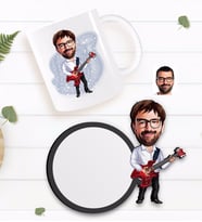 BK Gift Kişiye Özel Erkek Gitarist Karikatürlü Beyaz Kupa ve Ahşap Bardak Altlığı Hediye Seti-2