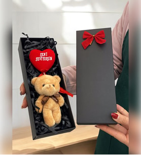 Kahve Peluş Ayıcık & Seni Seviyorum Kırmızı Kalp  Sevgiliye Hediye  Doğum Günü Hediyesi