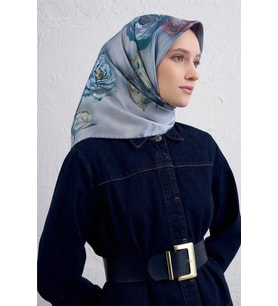 Armine Sura Saf İpek Eşarp 9419 - 07 Açık Mavi Karışık Desen