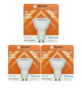 (3 Adet) Osaka 7W (50W) Beyaz Işık (6500K) GU10 Duylu Led Spot Ampul