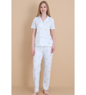 Mirano 9515 Çizgili Pegasus Pamuklu Kumaş Düğmeli Kısa Kolu Kadın Pijama Takımı