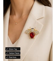 Hediye Kırmızı Taşlı Arı Figürlü Premium Zirkon Taş Kadın Broşu
