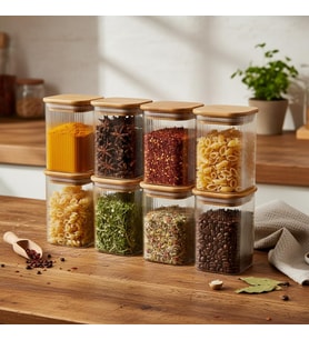 6'lı Set 350 ml Bambu Kapaklı Kare Cam Kavanoz - 6x10 cm Vakumlu Orta Boy Şeffaf Erzak Kabı Kahve Çay Baharatlık ve Mutfak Düzenleyici Organizer Saklama Kutusu