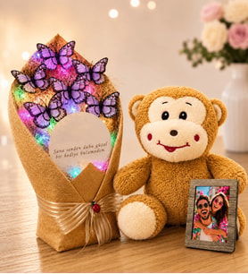 Kişiye Özel Fotoğraflı Renkli LED Işıklı Aynalı Beyaz Kelebek Buketi ve Peluş Maymun