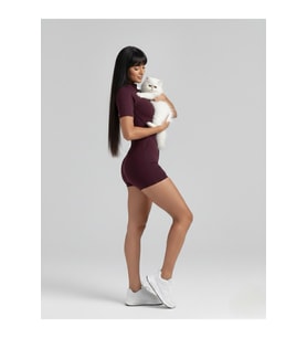 Mürdüm Rengi Sculpt Line Kısa Kollu Spor Tayt Şort Tulum
