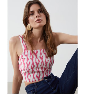 LCW Vision Pembe Kare Yaka Desenli Askılı Crop
