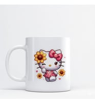 Hello Kitty Çiçekli Tasarımlı Hediyelik Porselen Kupa Bardak (Beyaz)