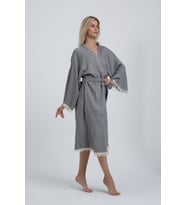 Müslin Kimono %100 Pamuklu Çizgili Bornoz Kaftan Sabahlık (Antrasit)