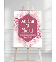 Söz Nişan Düğün İçin 50x70 Karşılama Panosu - Pembe Gül Desenli