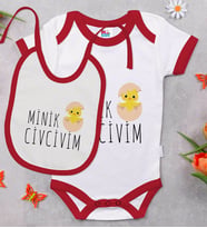 BK Kids Minik Civcivim Tasarımlı Kırmızı Bebek Body Zıbın ve Mama Önlüğü Hediye Seti-1