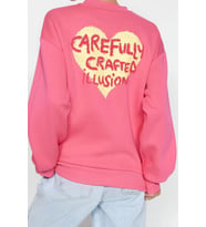Oversize Bisiklet Yaka Düşük Kol Uzun Kalın Polarlı  Sırt Kabartma Baskılı Örme Sweatshirt (Pembe)