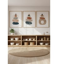 Zen Taş Dengesi Temalı 3’lü Ahşap Çerçeveli Tablo Seti - Minimalist Dekor