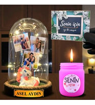 Kişiye Özel Led Işıklı Fanus ve Mis Kokulu Mum Hediye Seti (Model 5)