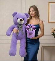 Sevgiliye Özel Tasarım Seti 90 Cm Peluş Ayı ve Fotoğraflı 4'lü Lila Ayıcık Buketi