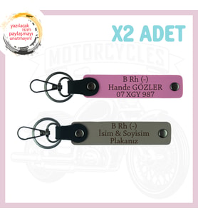 Kül Gri-Pembe, Motorcu Yolculara Özel, İsim Plaka ve B Rh (-) Kan Grubu Yazılı, 2'li Anahtarlık Set