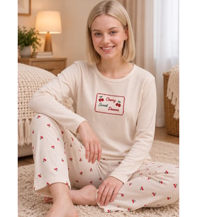 MIRANO 3113 Waffle Soft Kumaş Kiraz Desenli Kışlık Ev Kadın Pijama Takımı