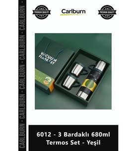 Özel Üretim Çelik Vakumlu Isı Korumalı Şık Hediye Kutulu 6012 3 Bardaklı 680ml Termos Set Yeşil