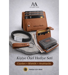 AYLEEN AYZ Kişiye Özel Erkek Hediye Seti – İsimli Deri Cüzdan Kartlık + Bileklik + Anahtarlık (Hediye Kutulu) (Taba)