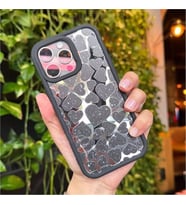 Coverzone iPhone 12 Pro K?l?f ile uyumlu I??lt?l? Kalpli K?l?f? Aynal?Arka Kapak Simli Kalpli Desen Yumu?ak Kenar Koruma Heart ??k ve Parlak Tasar?m Black