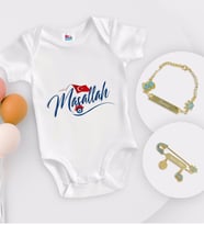 BK Kids Kişiye Özel Maşallah Tasarımlı Beyaz Bebek Body Zıbın Erkek Bebek Künyesi ve İğnesi Hediye Seti-3