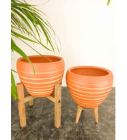 BİTKİ TASARIMI EV DEKORASYON YAN ÇİZGİ DESENLİ TERRAKOTA TOPRAK SAKSI SAKSILIK SALON ÇİÇEKLİK İKİLİ SET 3 AYAKLI- 4 AYAKLI- 15 CM