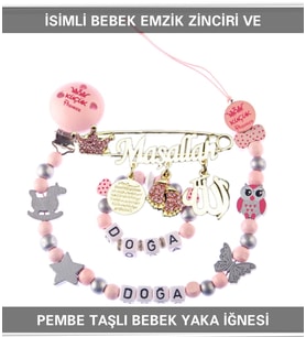 Sahi Aksesuar İsimli Bebek Emzik Zinciri Seti ve Pembe Taşlı Bebek Yaka İğnesi