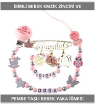 Sahi Aksesuar İsimli Bebek Emzik Zinciri Seti ve Pembe Taşlı Bebek Yaka İğnesi