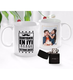 BK Gift Kişiye Özel Babalar Günü Hediyesi Fotoğraflı Kupa Bardak ve Benzinli Çakmak Seti-43 (Model 1)