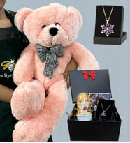 Fotoğraflı Set - Büyük Boy Peluş Ayıcık, Işıklı Beyaz Melekli Fanus ve Gerçek Ametist Taşlı Kolye (Pembe)
