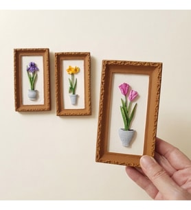 3lü Mini Duvar Dekoru Seti, El Boyaması Kabartma Çiçekli Tablo Seti 13x7,5 cm, Çiçek Detaylı Duvar Panosu Hediye