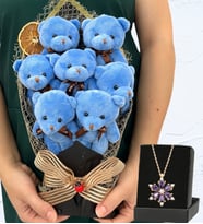 Büyük Boy 7'li Peluş Ayıcık Buketi ve Gerçek Ametist Taşlı Lotus Kolye (Model 5)
