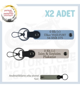 Motorcu Tarzına Özel, İsim Plaka ve 0 Rh (+) Kan Grubu Yazılı Hediyelik x2 Anahtarlık, Pudra-Mavi-Gr (Çok Renkli)
