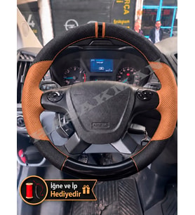 Ford Transit Custom Dikme Direksiyon Kılıfı Delikli Deri Parlak Siyah Taba Detay Çift Yüzük ve Dikiş 2014+