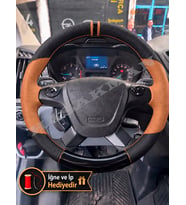 Ford Transit Custom Dikme Direksiyon Kılıfı Delikli Deri Parlak Siyah Taba Detay Çift Yüzük ve Dikiş 2014+