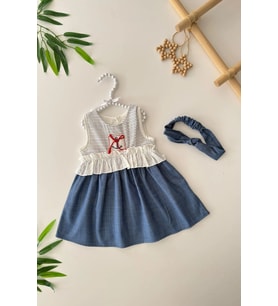 Miniğimin Cicileri Denizci Desen Kız Bebe Bandanalı Elbise - Mavi