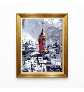 Tablore Altın Çerçeveli İstanbul Galata Kulesi Spatula Yağlıboya Dokulu Modern Salon Duvar Tablosu
