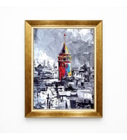 Tablore Altın Çerçeveli İstanbul Galata Kulesi Spatula Yağlıboya Dokulu Modern Salon Duvar Tablosu