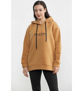 Kapüşonlu İçi Pamuklu Kalın Sweatshirt - Kamel