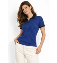 Polo Yaka Çizgili Tişört Kısa Kol Düğmeli Yazlık T-Shirt - Saks Mavisi