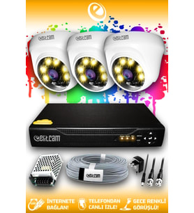 ELITCAM 3 Kameralı Dome 3 İç Kamera Set HDD'siz Full HD Renkli Gece Görüşlü Güvenlik Kamerası Sistemi