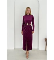 Neşeli butik kadın bel detaylı gol tokalı tam boy kadife elbise NBK4392 (Mürdüm)