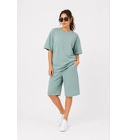 Alt Üst Takım İki İplik Kumaş Bisiklet Yaka Tişört Cepli Diz Altı Şort - Mint Yeşili