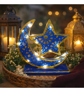 Ledli ay yıldız ramazan dekoru, mavi ledli lamba, ev dekoru. ramazan süsü