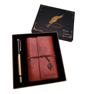 Siyah Gold Roller Kalem Defter Seti - İsme Özel Defter Kalem , Kişiye Özel Hediyelik Deri Hatıra Defteri Ve Kalem & Kutulu Hediye Seti ( KİŞİYE ÖZEL )