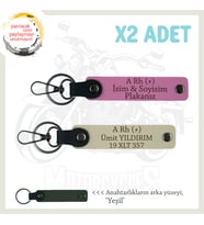Motorcu Dostlara Özel, İsim Plaka ve A Rh (+) Kan Grubu Yazılı Deri x2 Anahtarlık, Pembe-S Kahve-Ysl