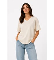 V Yaka Basic Tişört Kısa Kol Yazlık Regular Fit T-Shirt - Bej