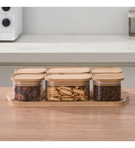AmberHaus Bambu Kapaklı Cam Kahvaltılık Seti Ahşap Standlı Şık Tezgah Üstü Baharat ve Kuruyemiş Düzenleyici Kavanoz (4'lü ve 6'lı Seçenek) (Bambu, 6'lı Set - Model 2)