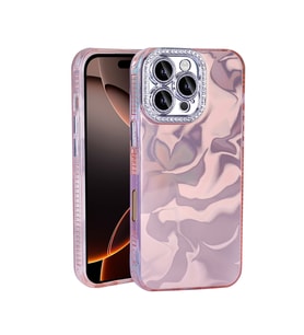 Apple iPhone 16 Pro Max Kılıf Kenar Bumper Parlak Desen Taşlı Esila Kapak (Pembe)